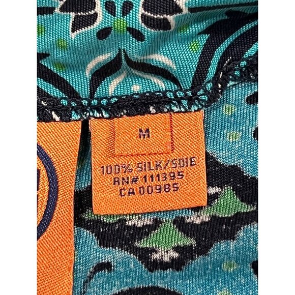 Tory Burch Shift Blue Green Geometric Silk Dress Medium M 3/4 Sleeve Stretch - Picture 9 of 10